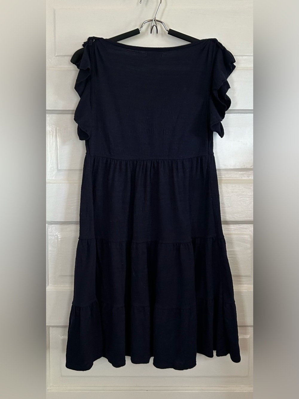 Max Studio Navy Tiered Midi Dress with Ruffle Sleeves